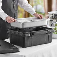 CaterGator Black Top Loading Insulated Food Pan Carrier with Vigor Full Size Stainless Steel Food Pan / Lid - 6 inch Deep Full-Size Pan Max Capacity