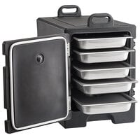 CaterGator Black Front Loading Insulated Food Pan Carrier with Vigor Stainless Steel Pans and Lids - 5 Full-Size Pan Max Capacity