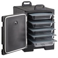 CaterGator Black Front Loading Insulated Food Pan Carrier with Vigor Plastic Food Pans and Lids - 5 Full-Size Pan Max Capacity