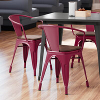 Lancaster Table & Seating Alloy Series Sangria Metal Indoor Industrial Cafe Arm Chair with Vertical Slat Back and Walnut Wood Seat