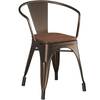 Lancaster Table & Seating Alloy Series Copper Metal Indoor Industrial Cafe Arm Chair with Walnut Wooden Seat