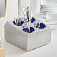 Choice Four Hole Stainless Steel Flatware Organizer with Blue Perforated Plastic Cylinders