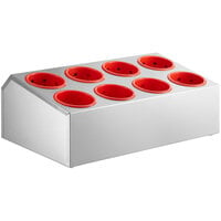 Choice Eight Hole Stainless Steel Flatware Organizer with Red Perforated Plastic Cylinders