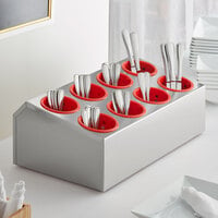 Choice Eight Hole Stainless Steel Flatware Organizer with Red Perforated Plastic Cylinders