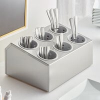 Choice Six Hole Stainless Steel Flatware Organizer with Gray Perforated Plastic Cylinders