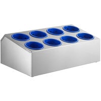 Choice Eight Hole Stainless Steel Flatware Organizer with Blue Perforated Plastic Cylinders