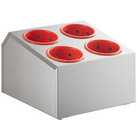 Choice Four Hole Stainless Steel Flatware Organizer with Red Perforated Plastic Cylinders