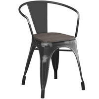 Lancaster Table & Seating Alloy Series Distressed Black Metal Indoor Industrial Cafe Arm Chair with Black Wooden Seat