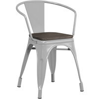 Lancaster Table & Seating Alloy Series Silver Metal Indoor Industrial Cafe Arm Chair with Black Wooden Seat