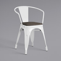 Lancaster Table & Seating Alloy Series White Metal Indoor Industrial Cafe Arm Chair with Black Wooden Seat