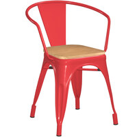 Lancaster Table & Seating Alloy Series Red Metal Indoor Industrial Cafe Arm Chair with Natural Wooden Seat