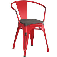 Lancaster Table & Seating Alloy Series Distressed Red Metal Indoor Industrial Cafe Arm Chair with Black Wooden Seat
