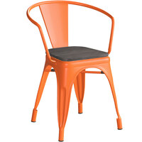 Lancaster Table & Seating Alloy Series Orange Metal Indoor Industrial Cafe Arm Chair with Black Wooden Seat