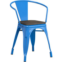Lancaster Table & Seating Alloy Series Blue Metal Indoor Industrial Cafe Arm Chair with Black Wooden Seat