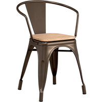 Lancaster Table & Seating Alloy Series Copper Metal Indoor Industrial Cafe Arm Chair with Natural Wooden Seat