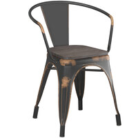Lancaster Table & Seating Alloy Series Distressed Copper Metal Indoor Industrial Cafe Arm Chair with Black Wooden Seat