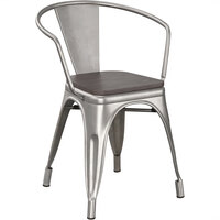 Lancaster Table & Seating Alloy Series Clear Metal Indoor Industrial Cafe Arm Chair with Black Wooden Seat