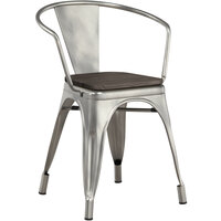 Lancaster Table & Seating Alloy Series Clear Metal Indoor Industrial Cafe Arm Chair with Black Wooden Seat