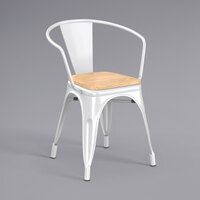 Lancaster Table & Seating Alloy Series White Metal Indoor Industrial Cafe Arm Chair with Natural Wooden Seat