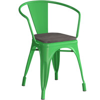 Lancaster Table & Seating Alloy Series Green Metal Indoor Industrial Cafe Arm Chair with Black Wooden Seat