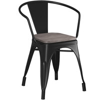 Lancaster Table & Seating Alloy Series Black Metal Indoor Industrial Cafe Arm Chair with Black Wooden Seat