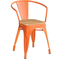 Lancaster Table & Seating Alloy Series Orange Metal Indoor Industrial Cafe Arm Chair with Natural Wooden Seat