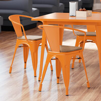 Lancaster Table & Seating Alloy Series Orange Metal Indoor Industrial Cafe Arm Chair with Natural Wooden Seat
