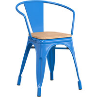 Lancaster Table & Seating Alloy Series Blue Metal Indoor Industrial Cafe Arm Chair with Natural Wooden Seat