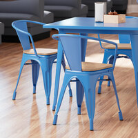 Lancaster Table & Seating Alloy Series Blue Metal Indoor Industrial Cafe Arm Chair with Natural Wooden Seat
