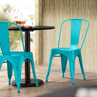 Lancaster Table & Seating Alloy Series Teal Metal Indoor / Outdoor Industrial Cafe Chair with Vertical Slat Back and Drain Hole Seat