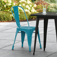 Lancaster Table & Seating Alloy Series Teal Metal Indoor / Outdoor Industrial Cafe Chair with Vertical Slat Back and Drain Hole Seat