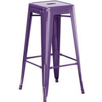 Lancaster Table & Seating Alloy Series Purple Stackable Metal Indoor / Outdoor Industrial Barstool with Drain Hole Seat