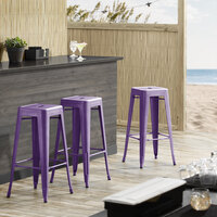 Lancaster Table & Seating Alloy Series Purple Stackable Metal Indoor / Outdoor Industrial Barstool with Drain Hole Seat