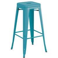 Lancaster Table & Seating Alloy Series Teal Stackable Metal Indoor / Outdoor Industrial Barstool with Drain Hole Seat