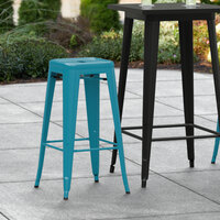 Lancaster Table & Seating Alloy Series Teal Stackable Metal Indoor / Outdoor Industrial Barstool with Drain Hole Seat