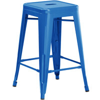 Lancaster Table & Seating Alloy Series Blue Stackable Metal Outdoor Industrial Cafe Counter Height Stool with Drain Hole Seat
