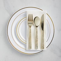 Gold Visions 120 Settings of Banded Plastic Dinnerware and Hammered Flatware - 120/Case