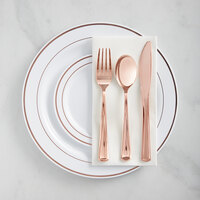 Gold Visions 120 Settings of Rose Banded Plastic Dinnerware and Classic Flatware