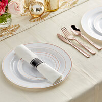 Gold Visions 120 Settings of Rose Banded Plastic Dinnerware and Hammered Rolled Flatware - 120/Case
