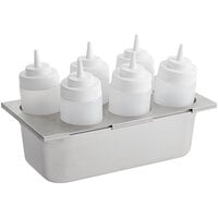 Choice Stainless Steel Six Hole Squeeze Bottle Holder Kit with 16 oz. Squeeze Bottles - 4 inch Deep 1/3 Size Pan