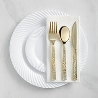 Visions 144 Settings of Gold White Wave Plastic Dinnerware and Hammered Flatware - 144/Case