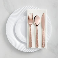 Gold Visions 144 Settings of Rose White Wave Plastic Dinnerware and Hammered Flatware - 144/Case