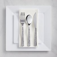 Silver Visions 120 Settings of White Florence Plastic Dinnerware and Hammered Flatware - 120/Case