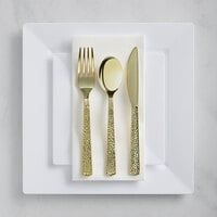 Gold Visions 120 Settings of White Florence Plastic Dinnerware and Hammered Flatware - 120/Case