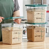 Carlisle 11951-307 StorPlus 4 Qt. Clear Square Polycarbonate Food Storage Container with Green Graduation and Green Lid - 3/Pack