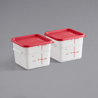 Carlisle 11962-202 6 Qt. White Square Polyethylene Food Storage Container and Red Lid - 2/Pack