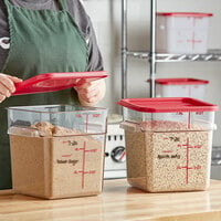 Carlisle 11953-207 StorPlus 8 Qt. Clear Square Polycarbonate Food Storage Container with Red Graduations and Red Lid - 2/Pack