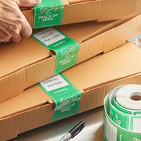 TamperSafe 2 1/2 inch x 6 inch Enjoy With Peace Of Mind Green Paper Tamper-Evident Label - 250/Roll