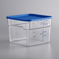 Vigor 12 Qt. Clear Square Polycarbonate Food Storage Container and Blue Lid