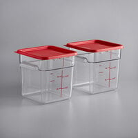 Vigor 8 Qt. Clear Square Polycarbonate Food Storage Container and Red Lid Set - 2/Pack